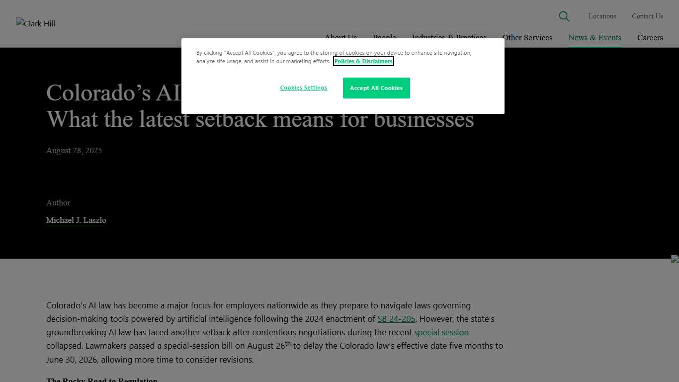 Colorado’s AI law delayed until June 2026: What the latest setback means for businesses News & Events Clark Hill PLC