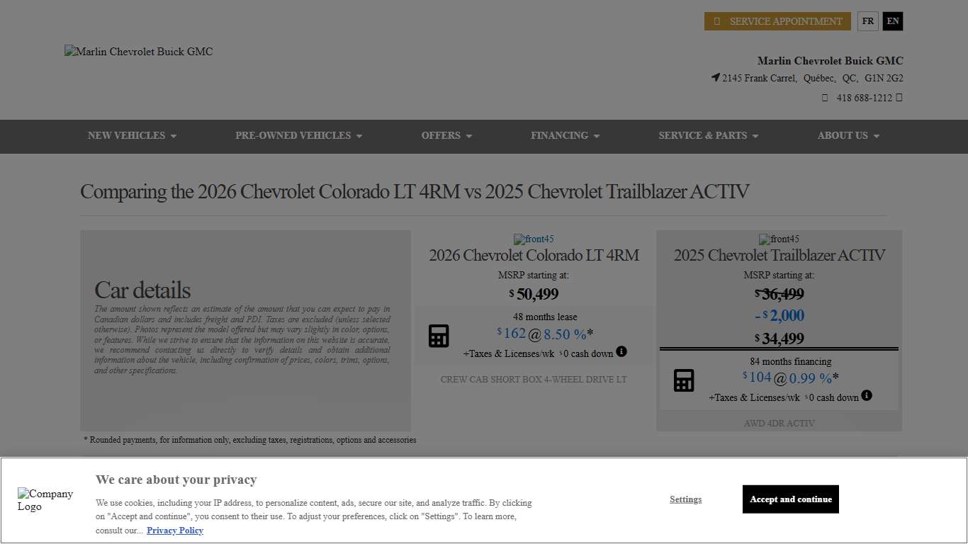 Comparing the 2026 Chevrolet Colorado LT 4RM vs Chevrolet Trailblazer ACTIV 2025 at Marlin Chevrolet Buick GMC in Québec.